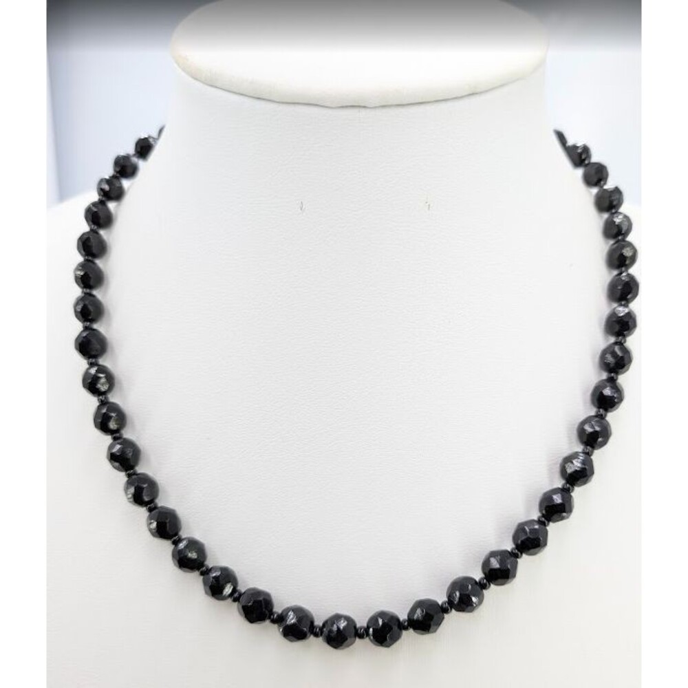 Black Glass Faceted Bead Necklace Gold Tone 19 in 30g Replacement Silver Clasp